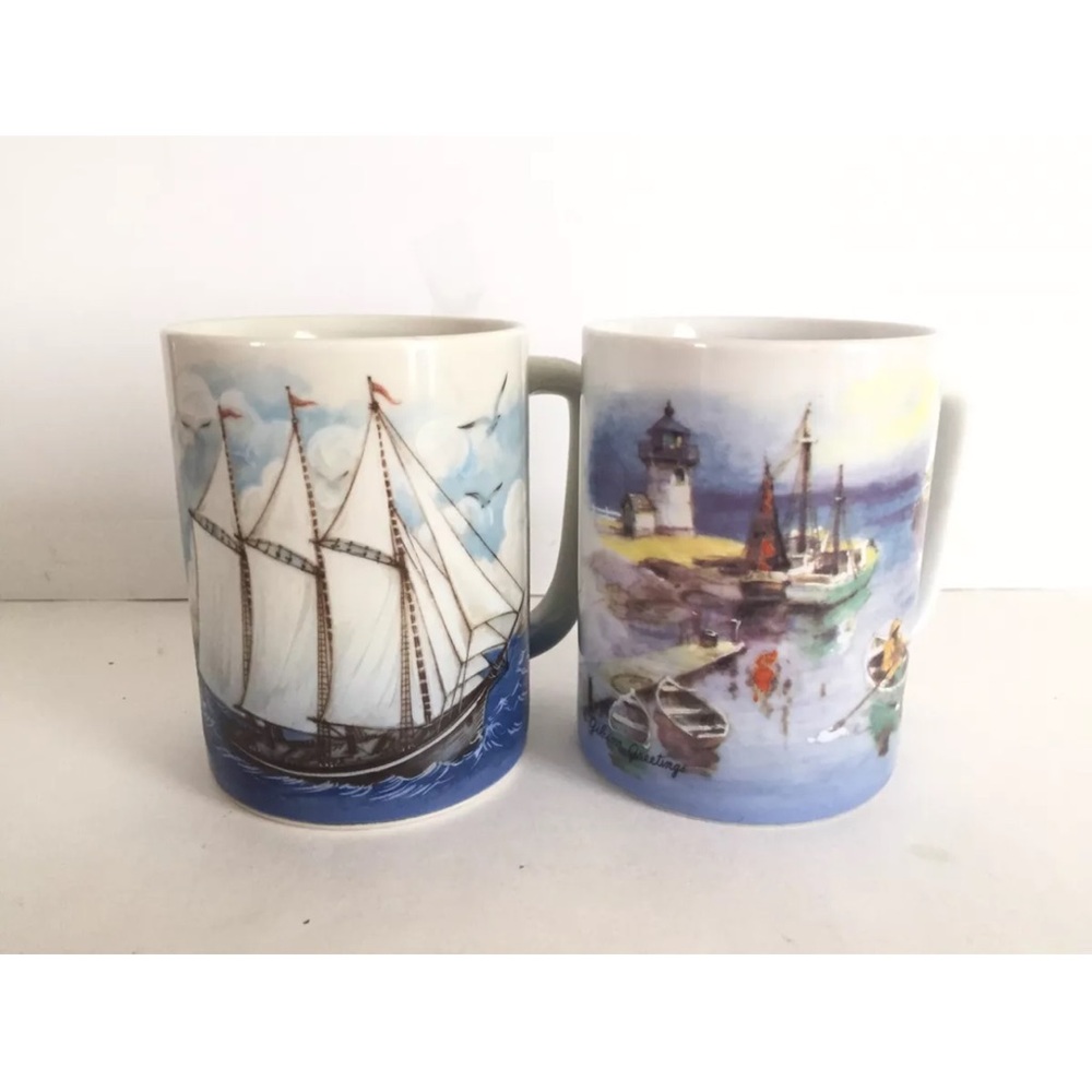 Vintage OTAGIRI JAPAN COFFEE MUG CUP SAILING SHIP BOAT NEAR LIGHTHOUSE Set Of 2